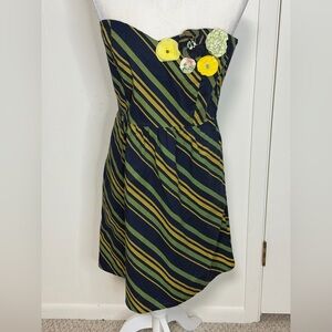 Judith March Blue Yellow Striped Strapless Dress with floral size L